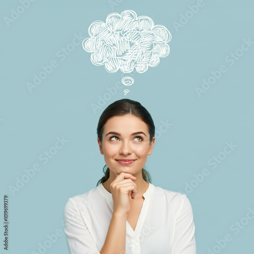A young woman with a thoughtful expression