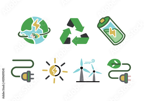 A set of green energy technology, editable, vector icons that includes wind power, solar energy, sustainable living, and eco-friendly batteries.