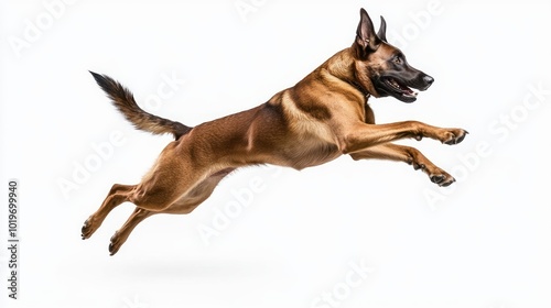 A dog leaps gracefully against a white background, showcasing agility and energy.