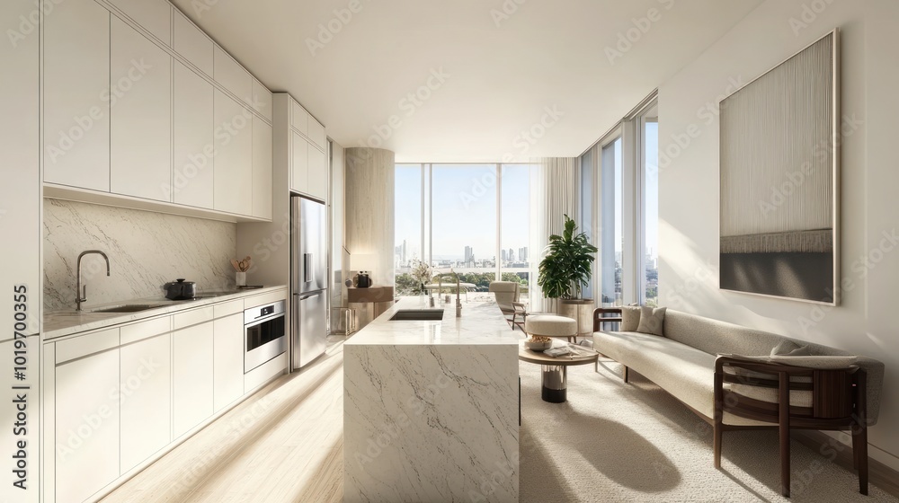 Fototapeta premium Modern kitchen and living area with large windows and stylish furnishings.