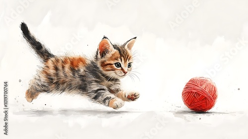 Playful Kitten Chasing a Ball of Yarn in Watercolor