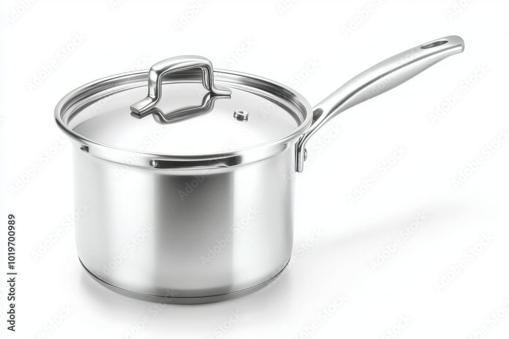 A shiny stainless steel pot with a lid and a long handle, designed for cooking various dishes. A shiny stainless steel pot with a lid and a long handle, designed for cooking various dishes.