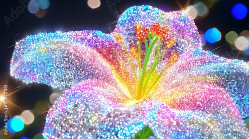 vibrant, sparkling flower radiates colorful light against blurred bokeh background, creating magical and enchanting atmosphere. intricate details and shimmering effects evoke sense of wonder and