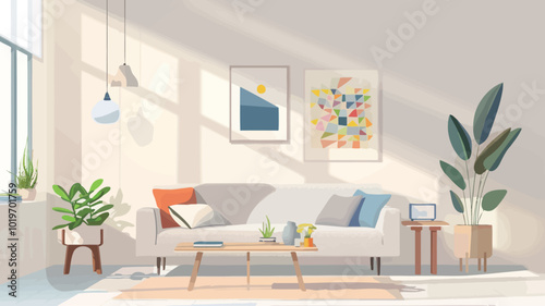 Living room interior with sofa, coffee table and pictures. Vector illustration. 