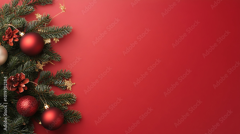 Fir branches with Christmas decoration on red background, flat lay. Space for text