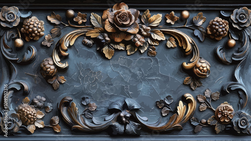 Luxury metal background with floral ornament. 3d illustration.