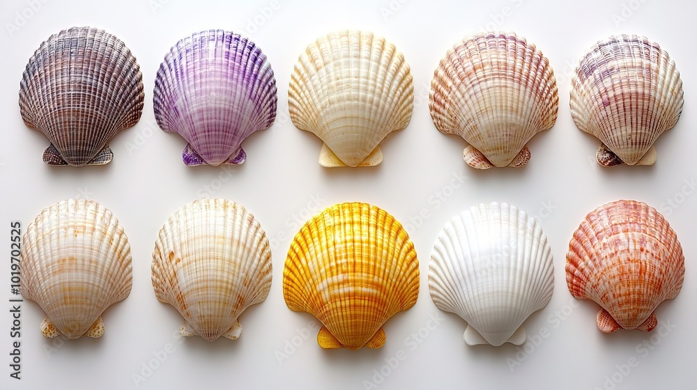 Close up image of colorful sea shells set against a white background