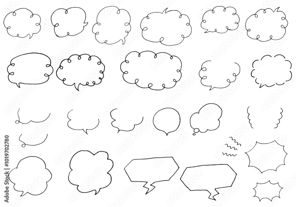 A set of black and white pen drawing illustrations of simple cloud-shaped speech bubbles. A set of black and white pen drawing illustrations of simple cloud-shaped speech bubbles.