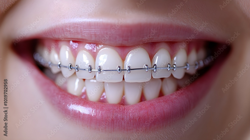 Fototapeta premium Orthodontic journey showing teeth misalignment before braces installation, with gradual progress leading to a flawless smile post-braces