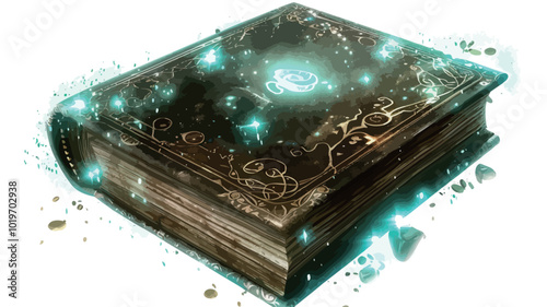 Magic book with lights and stars on white background. 3D rendering 