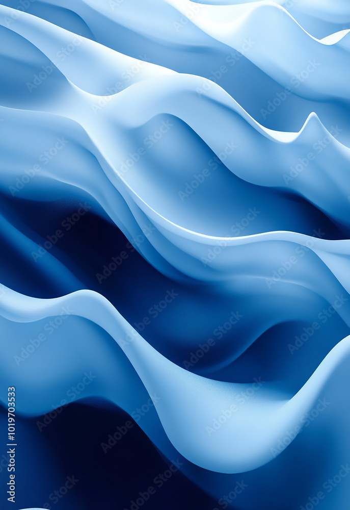 Fototapeta premium Dynamic Colorful Abstract Wave Pattern Amidst Oceanic Blue Backdrop Flowing waves of translucent blue fabric illuminated by soft light in a serene abstract setting