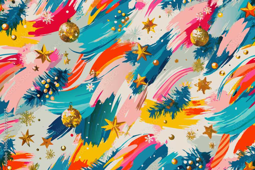 Fototapeta premium Festive Abstract Christmas Brush Strokes Pattern with Decorations