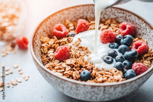 Wallpaper Mural Granola with Milk, Raspberries, and Blueberries Torontodigital.ca