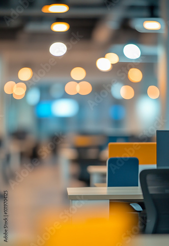 Blurred office background with empty desk. Modern coworking space with empty desk in focus, blurred background of open plan office with natural light and green plants Blurred office background with 