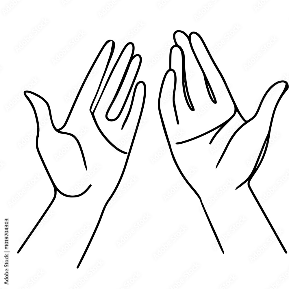 Obraz premium Single-line vector drawing of hands spread to the sides and raised freely up
