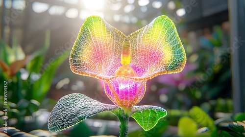 vibrant and colorful abstract flower with intricate veining, illuminated by sunlight, creates stunning visual effect in lush garden setting. interplay of light and color evokes sense of wonder and