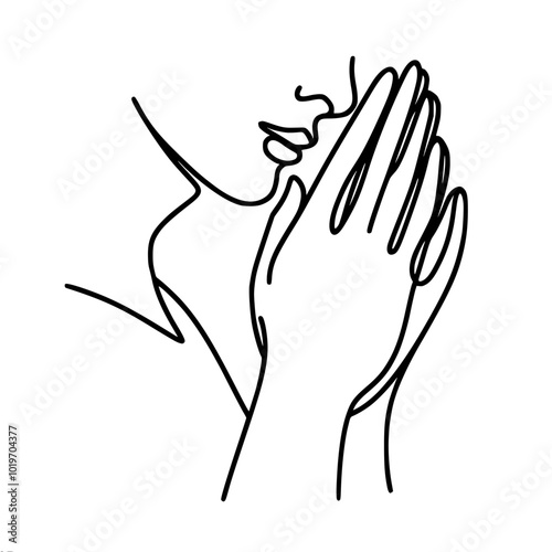 Single line vector drawing of a woman's profile, with folded hands in prayer