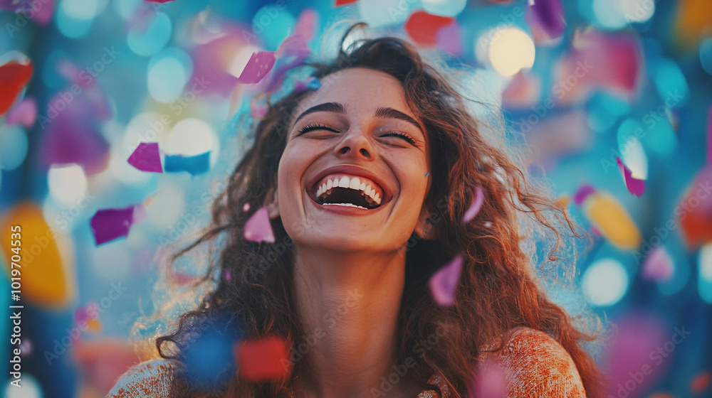Shot of a young woman laughing while throwing confetti, surrounded by a lively, Generative AI Shot of a young woman laughing while throwing confetti, surrounded by a lively, Generative AI