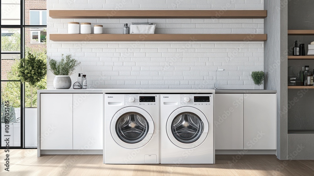Modern laundry room with washing machines and minimalist decor. Modern laundry room with washing machines and minimalist decor.