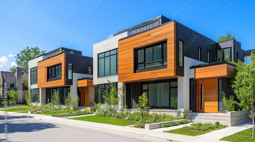 Modern residential buildings featuring wood and glass facades in a suburban setting. Modern residential buildings featuring wood and glass facades in a suburban setting.