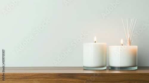 Two white candles with a diffuser on a wooden shelf.