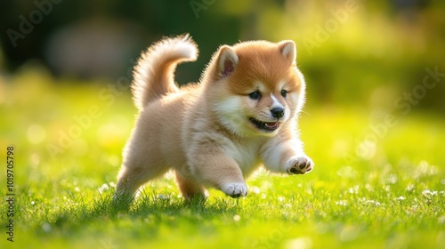 A playful puppy running through a sunny green field, embodying joy and energy.