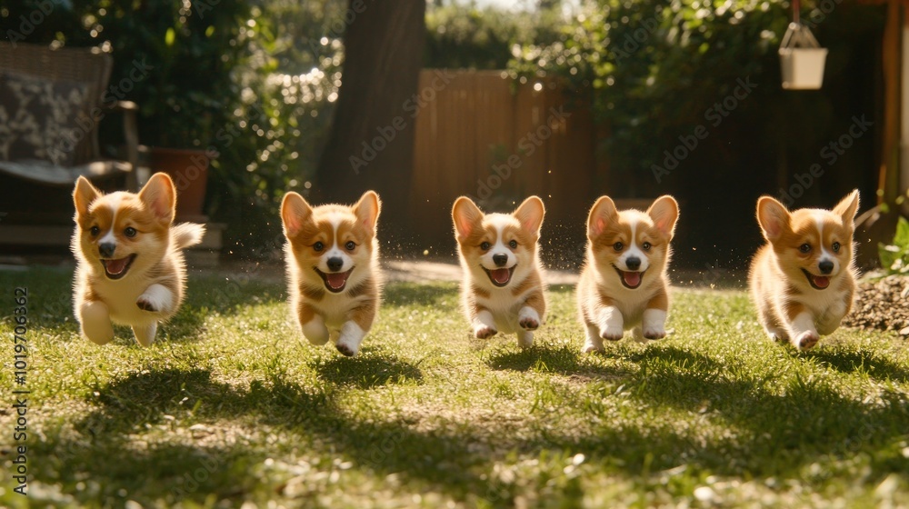 Five playful corgi puppies running joyfully in a sunny garden. Five playful corgi puppies running joyfully in a sunny garden.