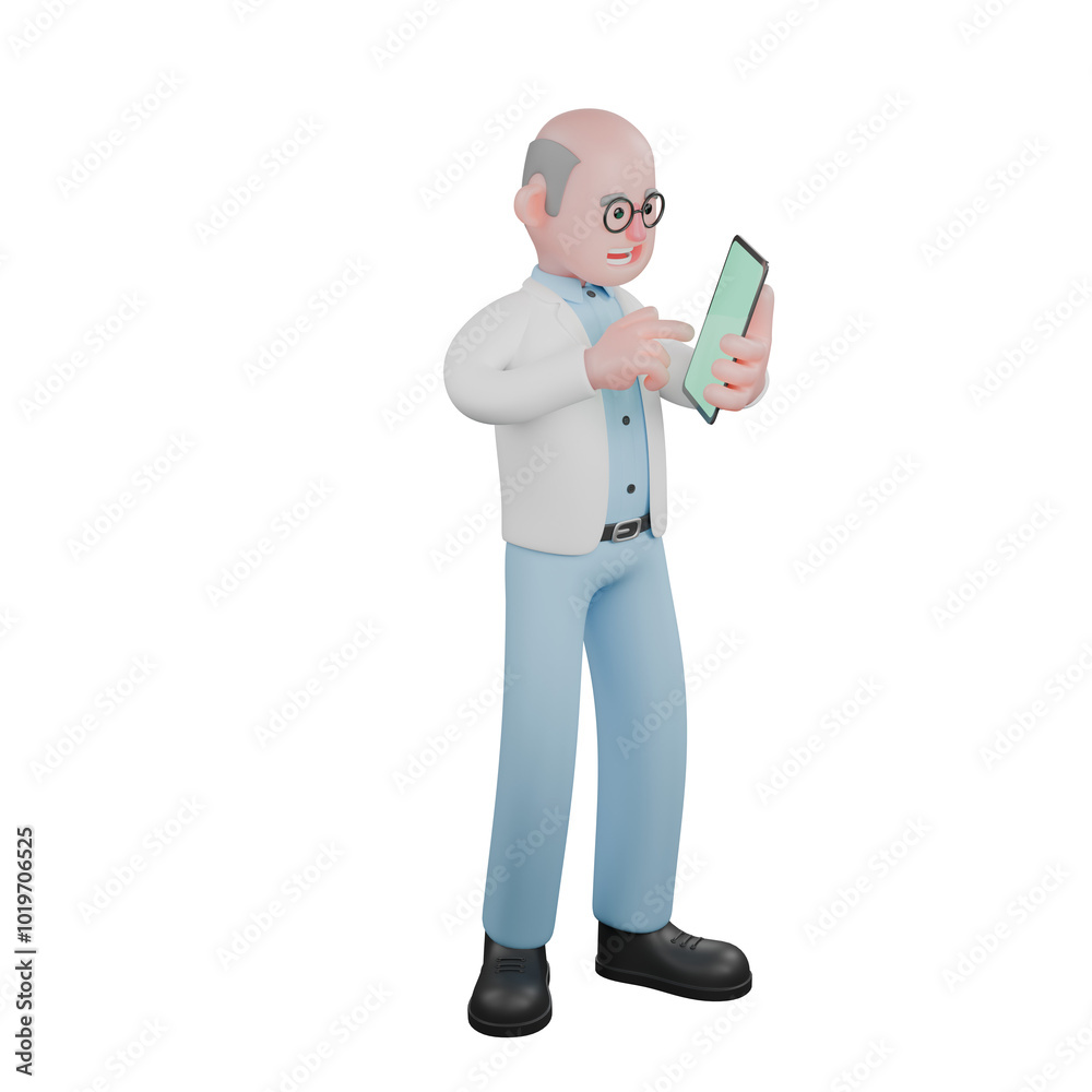 Male Scientist in 3D Professional Science. A male scientist is standing while playing with a tablet. Cartoon Male Scientist in 3D Professional Science. A male scientist is standing while playing with a tablet. Cartoon