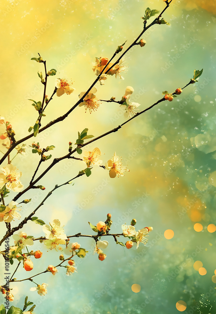 Scenic meadow with blooming spring flowers under sunrays ideal for a copy space image elbow and green watercolor background for spring Scenic meadow with blooming spring flowers under sunrays ideal for a copy space image elbow and green watercolor background for spring
