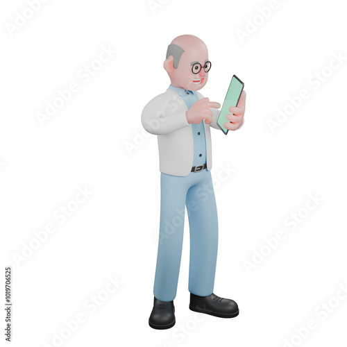 Male Scientist in 3D Professional Science. A male scientist is standing while playing with a tablet. Cartoon photo