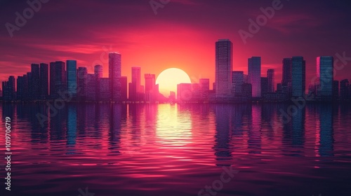Vibrant sunset reflecting on modern skyscrapers 