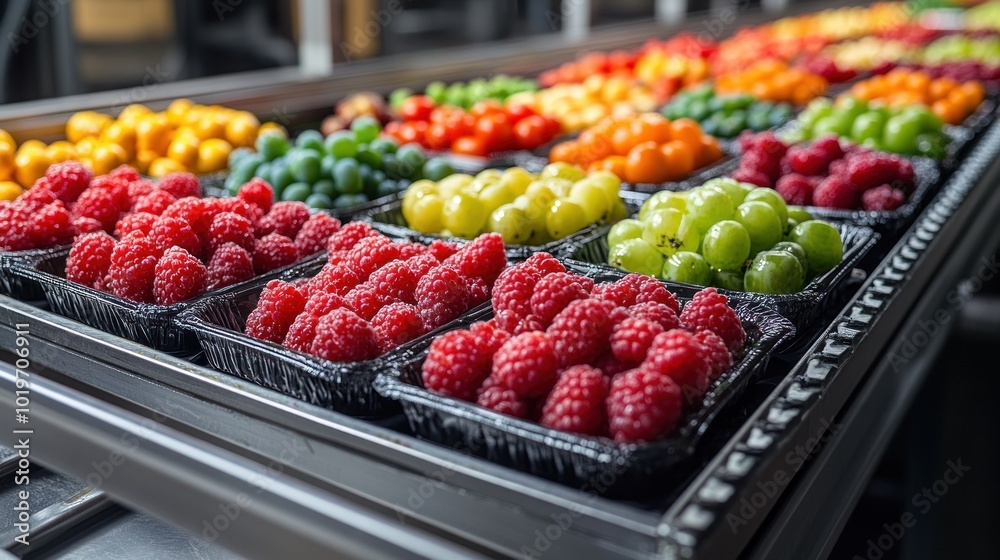 Vibrant display of assorted fresh fruits in black containers. Vibrant display of assorted fresh fruits in black containers.