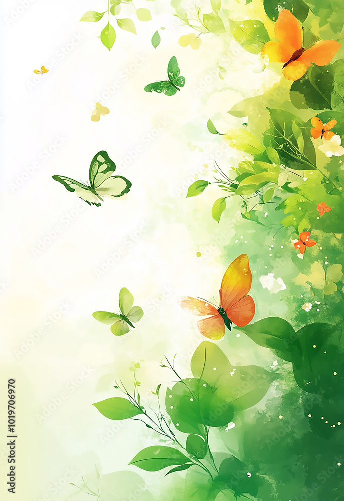 Green spring background with butterflies, bokeh lights and space for text Spring background with white blossoms and sunbeams. Bright spring background apple orchard