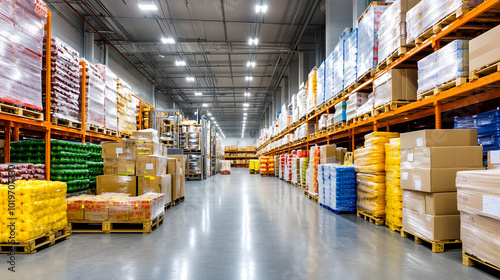 Temperature-controlled refrigerated storage cold room and warehouse with shelves and pallets.