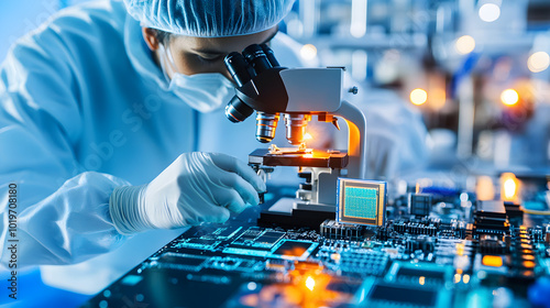 Close-up of a scientist in a cleanroom suit examining microchip semiconductor quality under a microscope. photo