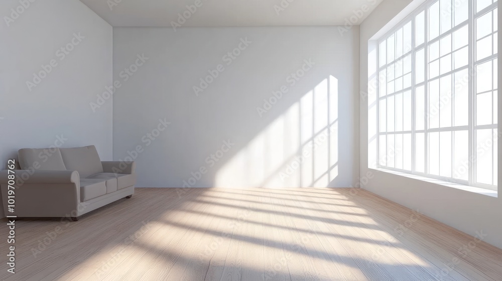 A bright, empty room with a sofa and large windows casting shadows on the wooden floor. A bright, empty room with a sofa and large windows casting shadows on the wooden floor.