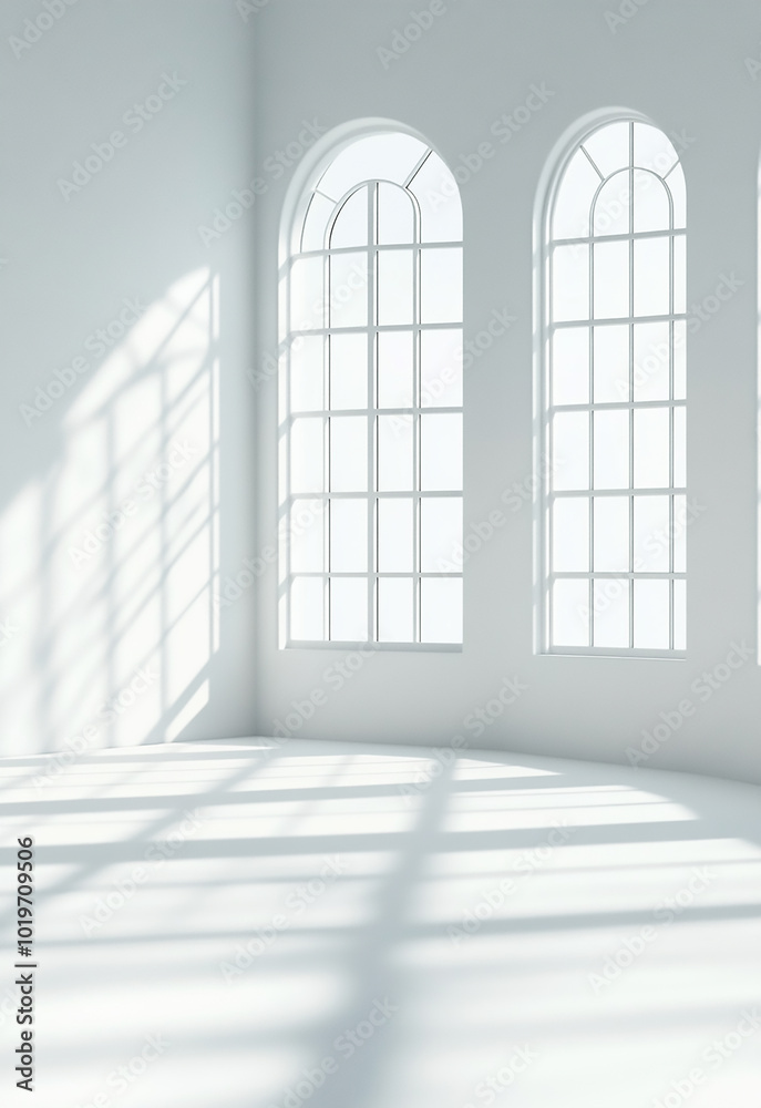 Obraz premium Abstract White Studio Background for Product Presentation with Window Shadows and Sunlight Blurred Backdrop Empty Room With Copy Space