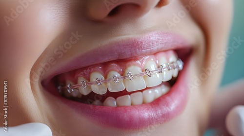 Patient getting braces and smiling post-braces removal, showcasing the full dental journey, soft background with focus on teeth, Studio Lighting, Portrait Photography