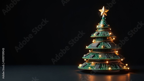 IT Christmas tree made of microcircuits, boards and wires over black background. Technology banner with copy space. Greeting card for sysadmin or engineer for Xmas and New Year holidays celebration.