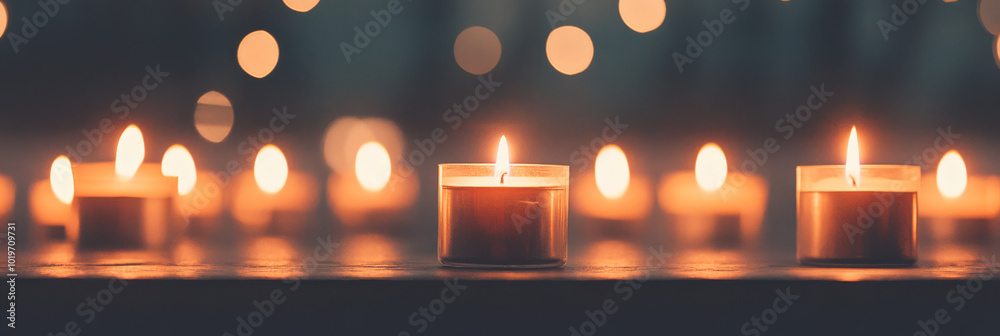 Candles glow warmly in a dark room, creating a peaceful and cozy ambiance.