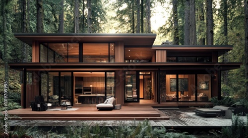 Modern house surrounded by tall trees, featuring large windows and a wooden deck.