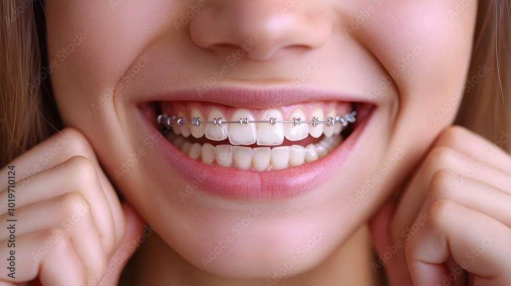 Fototapeta premium A smiling teenager holding before-and-after photos, showcasing their new, straight teeth after braces removal, bright natural lighting, candid, close-up shot, Photorealistic