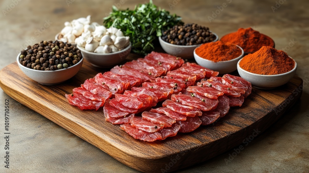 A wooden platter with sliced meat, spices, and herbs for cooking. A wooden platter with sliced meat, spices, and herbs for cooking.