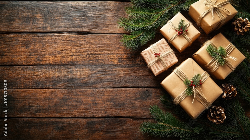 Christmas gifts and pine branches scattered on a rustic wood background, evoking a cozy, natural holiday setting. Christmas gifts and pine branches scattered on a rustic wood background, evoking a cozy, natural holiday setting.