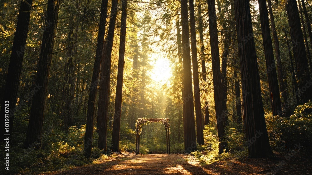 Obraz premium A serene forest scene with sunlight filtering through tall trees, featuring a wedding arch.