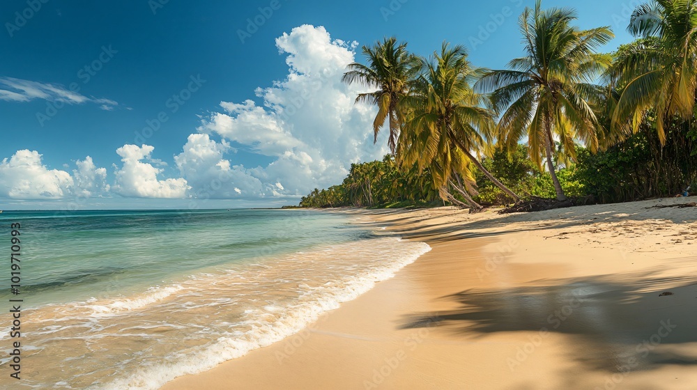 Tranquil beach with palm trees, blue sky and white clouds. Tranquil beach with palm trees, blue sky and white clouds.