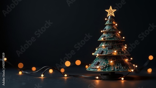 IT Christmas tree made of microcircuits, boards and wires over black background. Technology banner with copy space. Greeting card for sysadmin or engineer for Xmas and New Year holidays celebration.