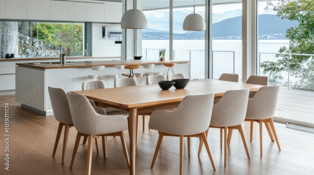 Modern dining area with a view, featuring a wooden table and stylish chairs.