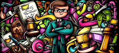 A stylized character in a suit stands amidst a vibrant, chaotic background of various objects.