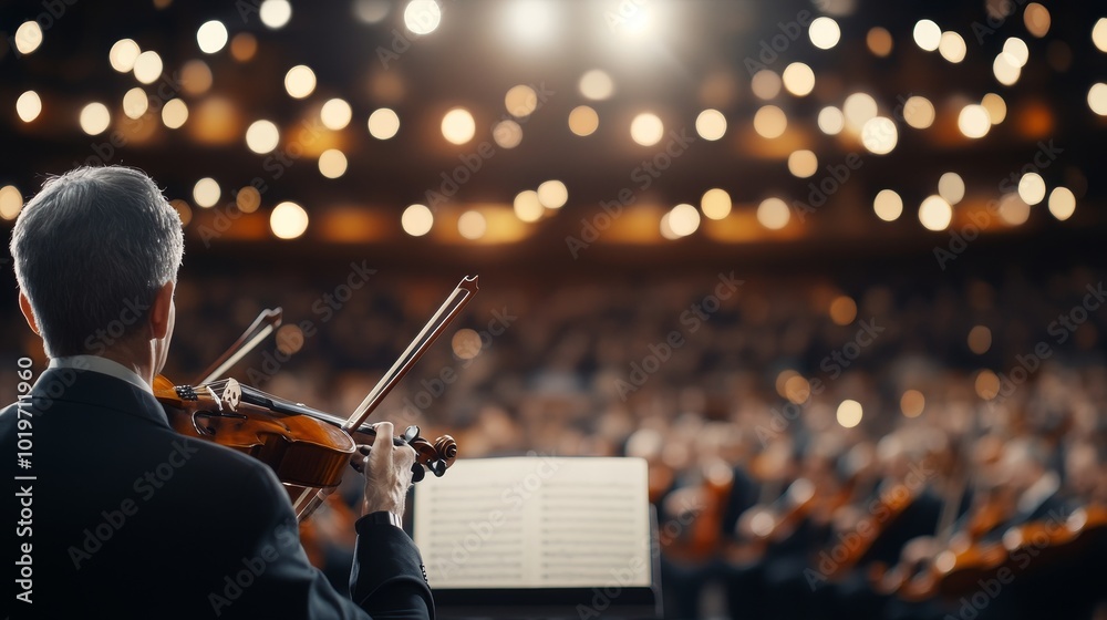 Fototapeta premium Circular formation of a full symphony orchestra, conductor in the center, vibrant strings, brass, and woodwinds creating harmonious sound in an elegant venue